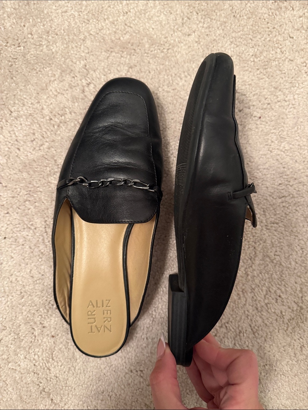 Naturalizer Black Leather Womens Mules with Chain Accent